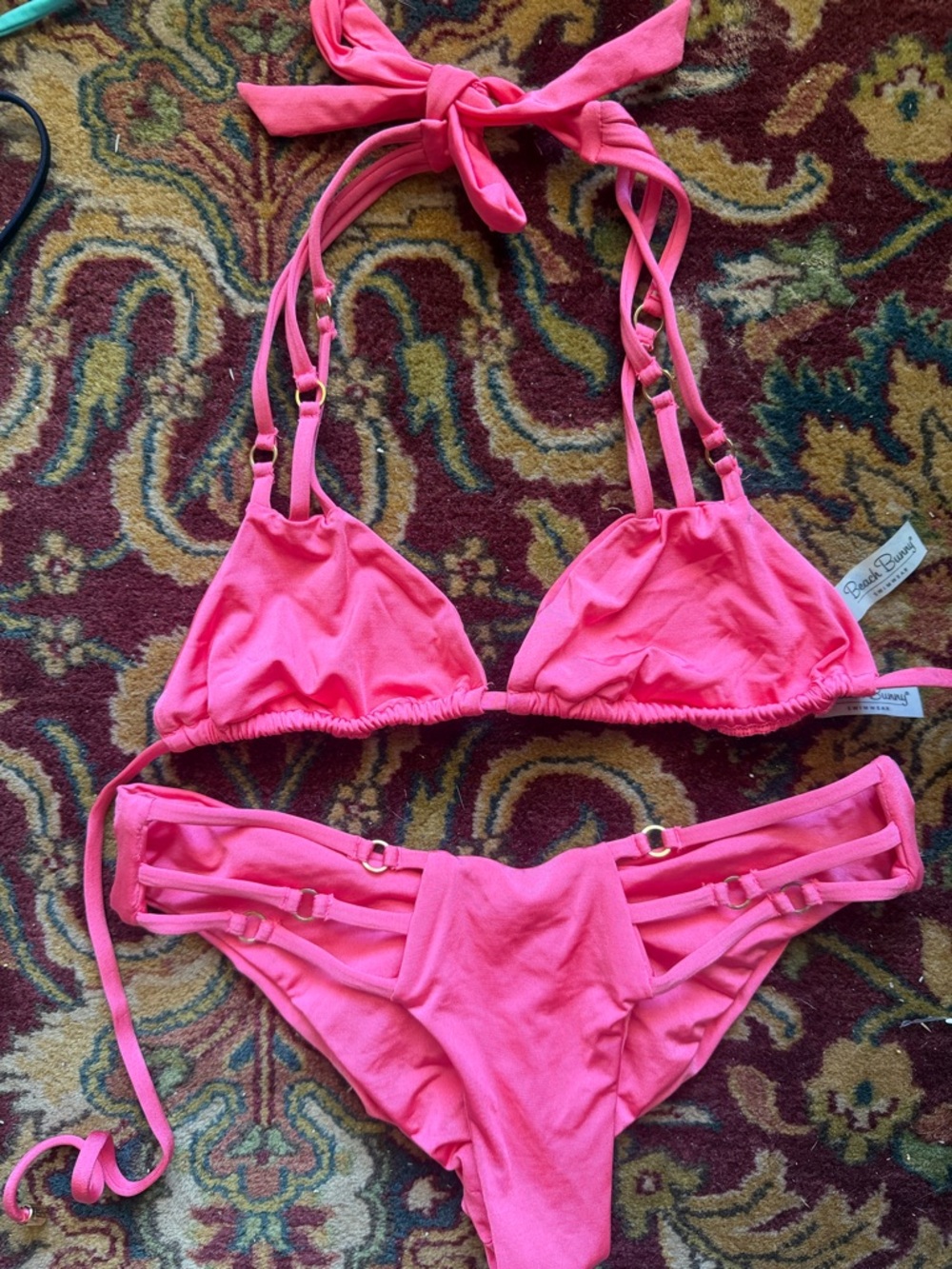Strappy Triangle Bikini Set In Lipstick Pink
